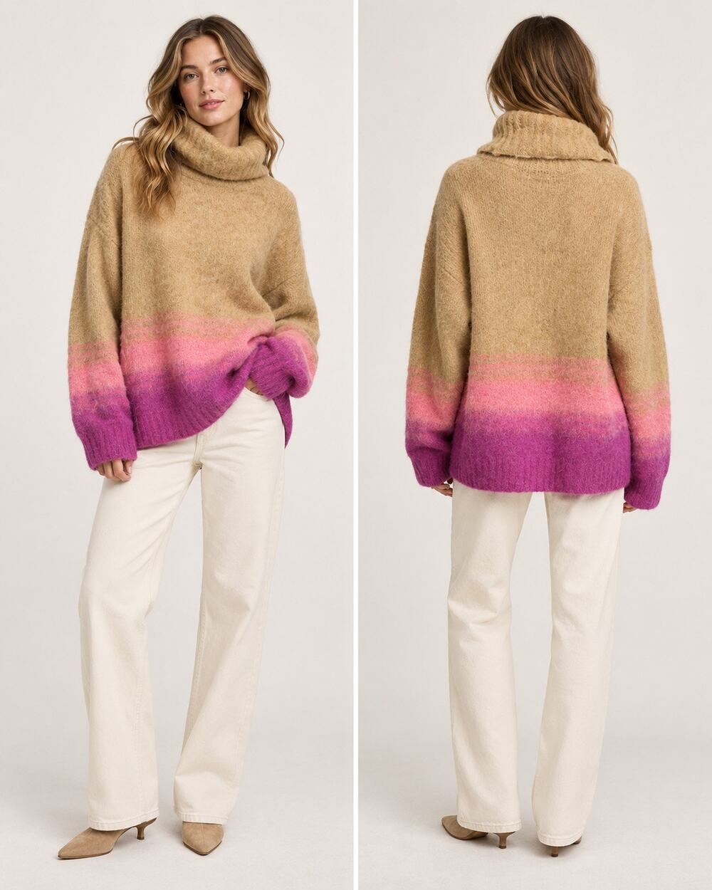 Tanya Taylor Colorblock Alpaca Wool Turtleneck Sweater Tan Pink purple